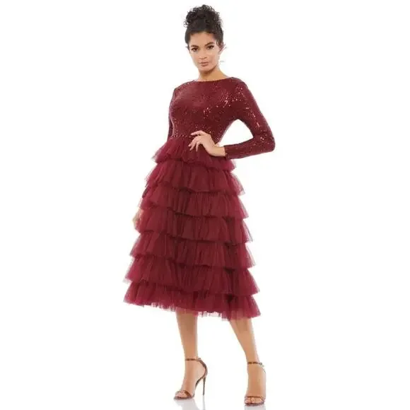 Mac Duggal 26299 Long Sleeve Ruffle Tiered Midi Dress Wine Red size 4